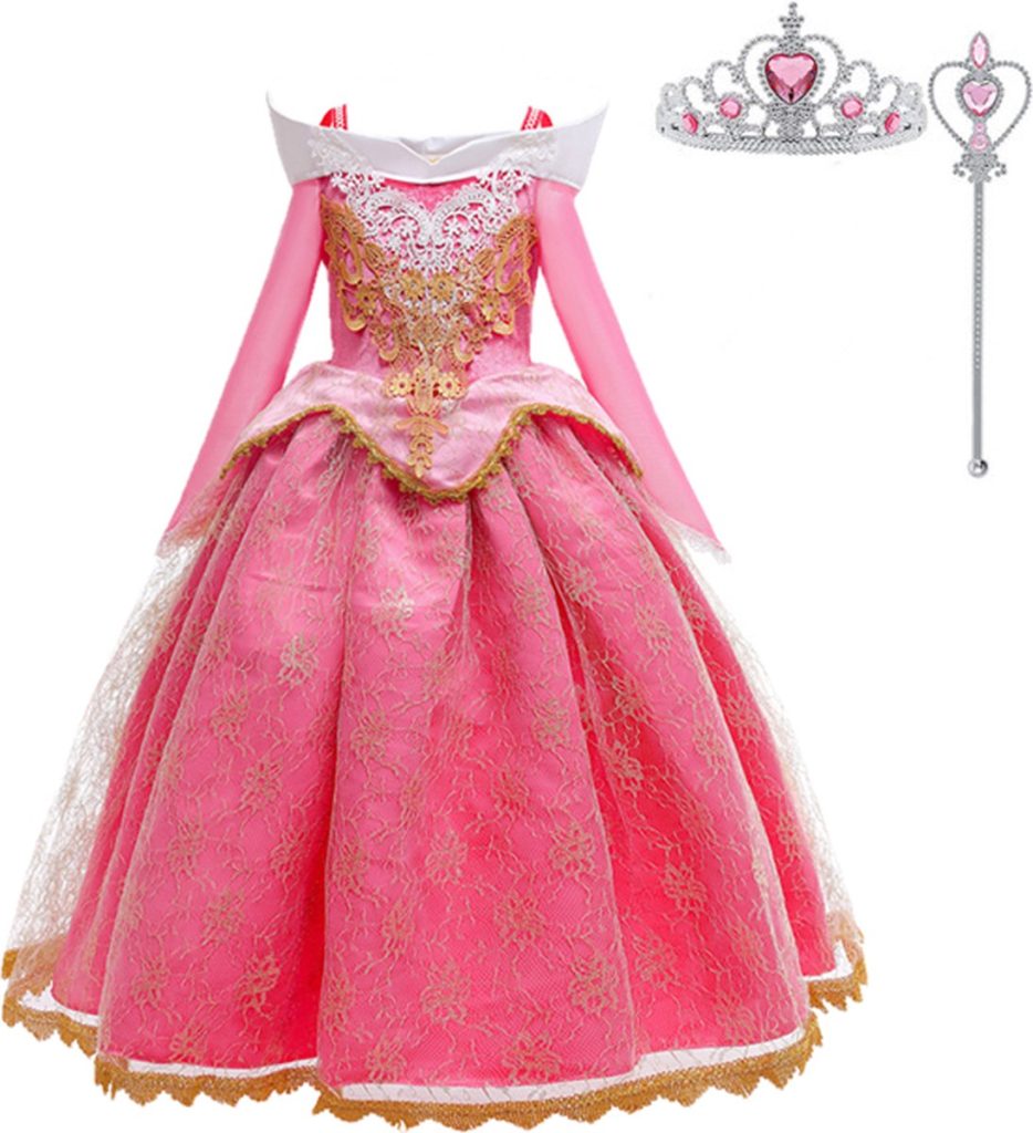 assepoester kostuum kind,prinsessenjurk roze,verkleedjurk prinses meisje,kroontje,toverstaf