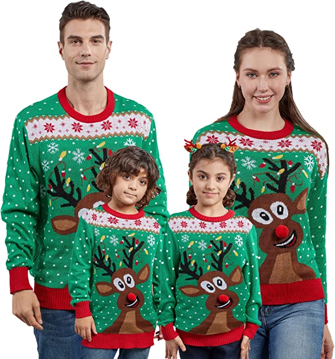 kersttruien gezin vader moeder kinderen allemaal dezelfde trui
