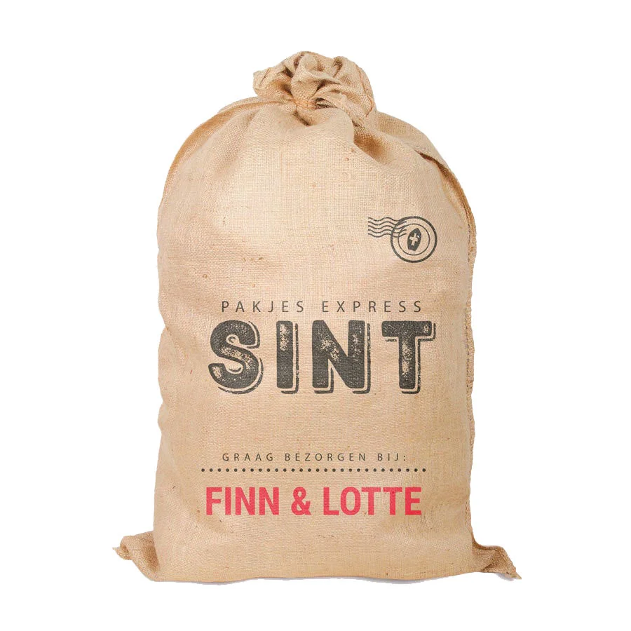 jute zak met naam erop,gepersonaliseerde jute zak sinterklaas